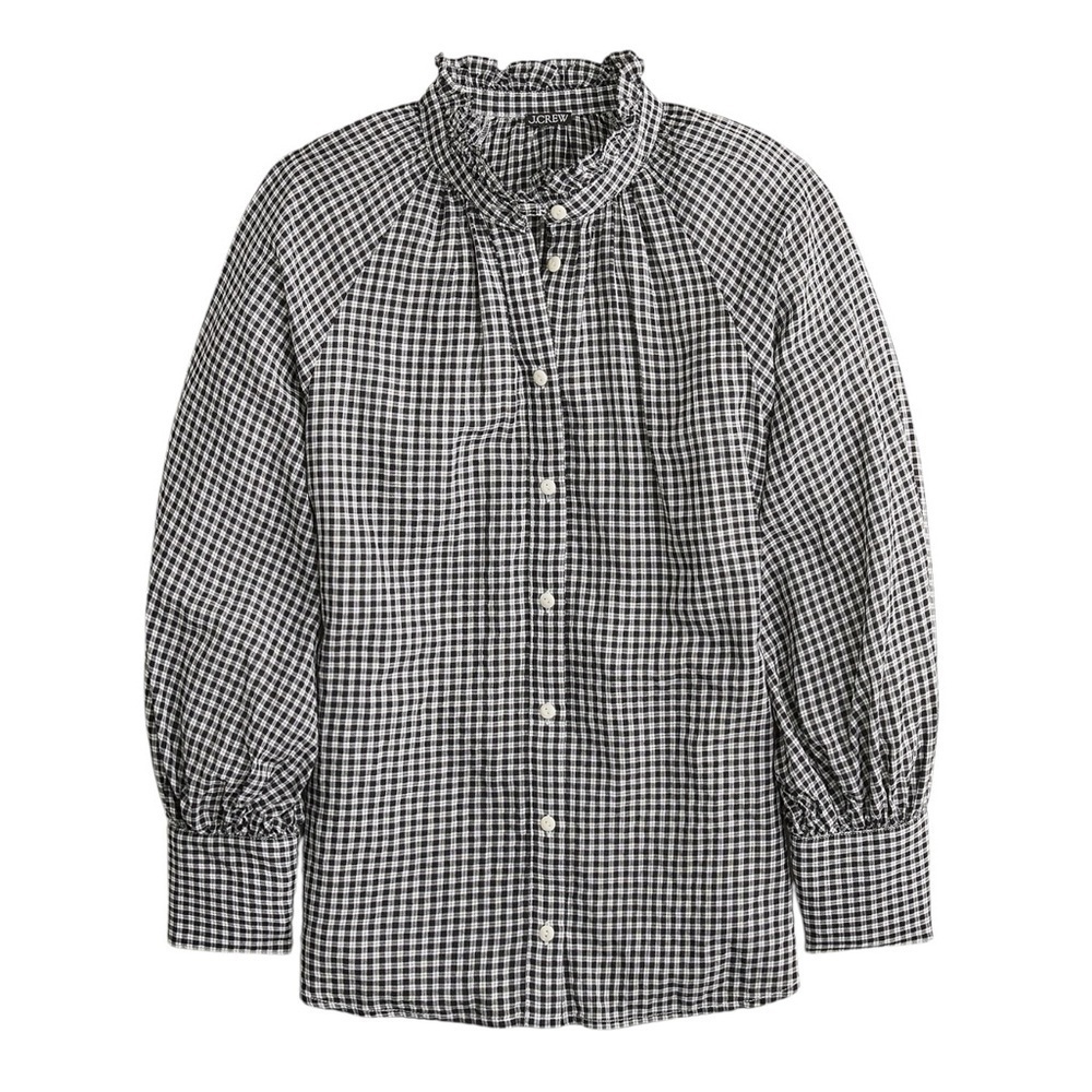 J CREW Ruffleneck Button-up Shirt in Plaid Soft Gauze Black & White Women’s Sz 2